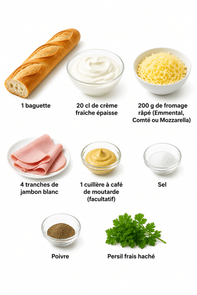 Baguette gratinée à la crème fraîche, fromage et jambon