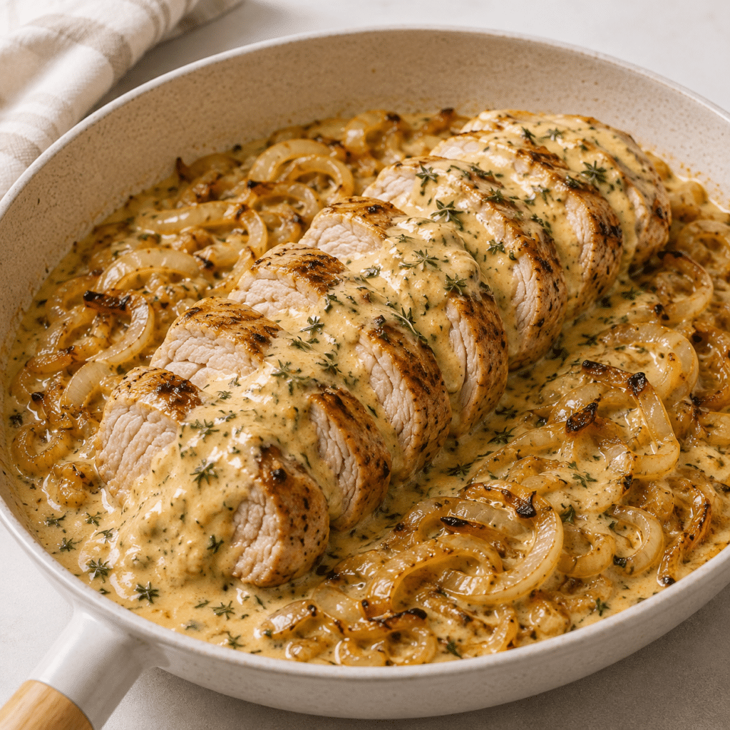 FILET MIGNON AUX OIGNONS CONFITS ET REBLOCHON, SAUCE ONCTUEUSE