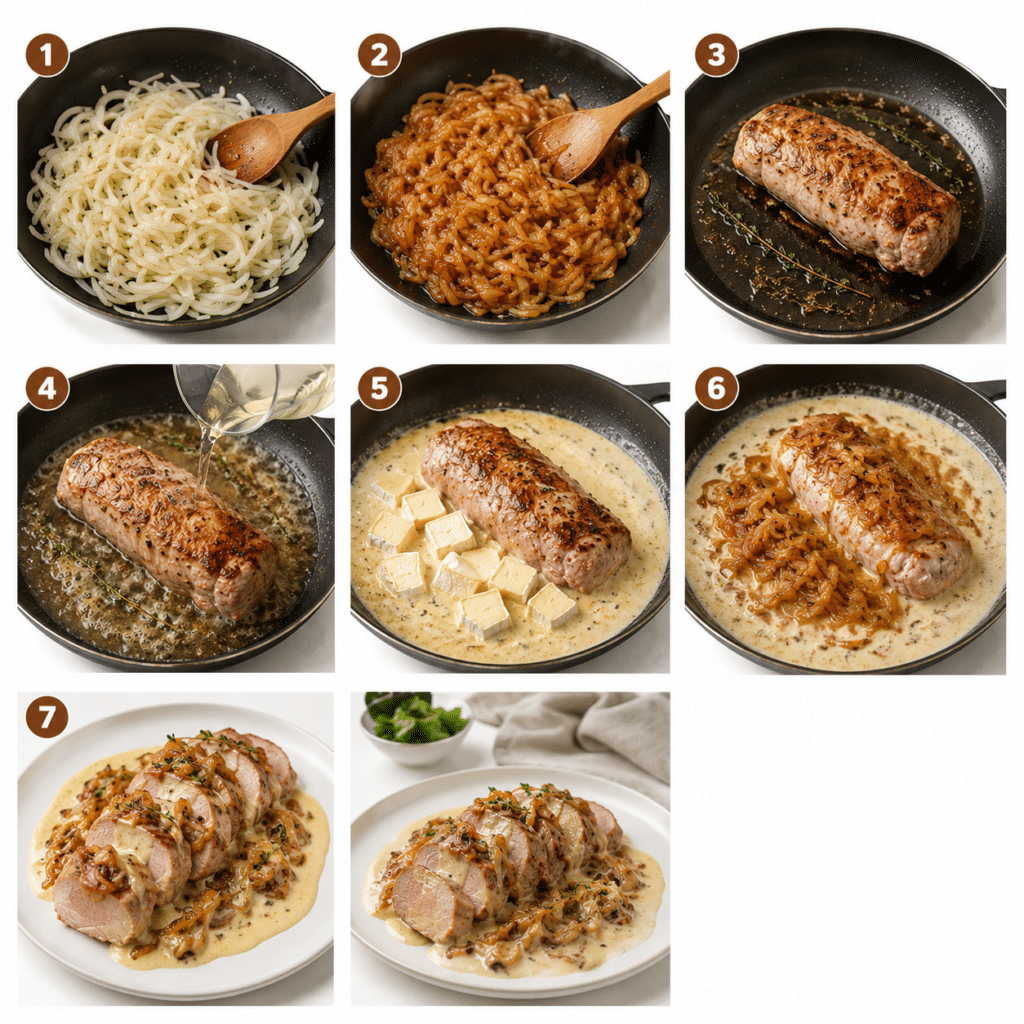 FILET MIGNON AUX OIGNONS CONFITS ET REBLOCHON, SAUCE ONCTUEUSE