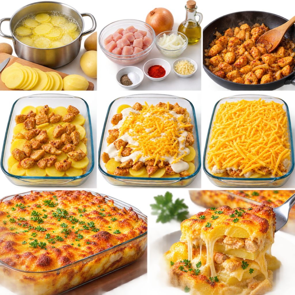 Gratin de pommes de terre au poulet et cheddar
