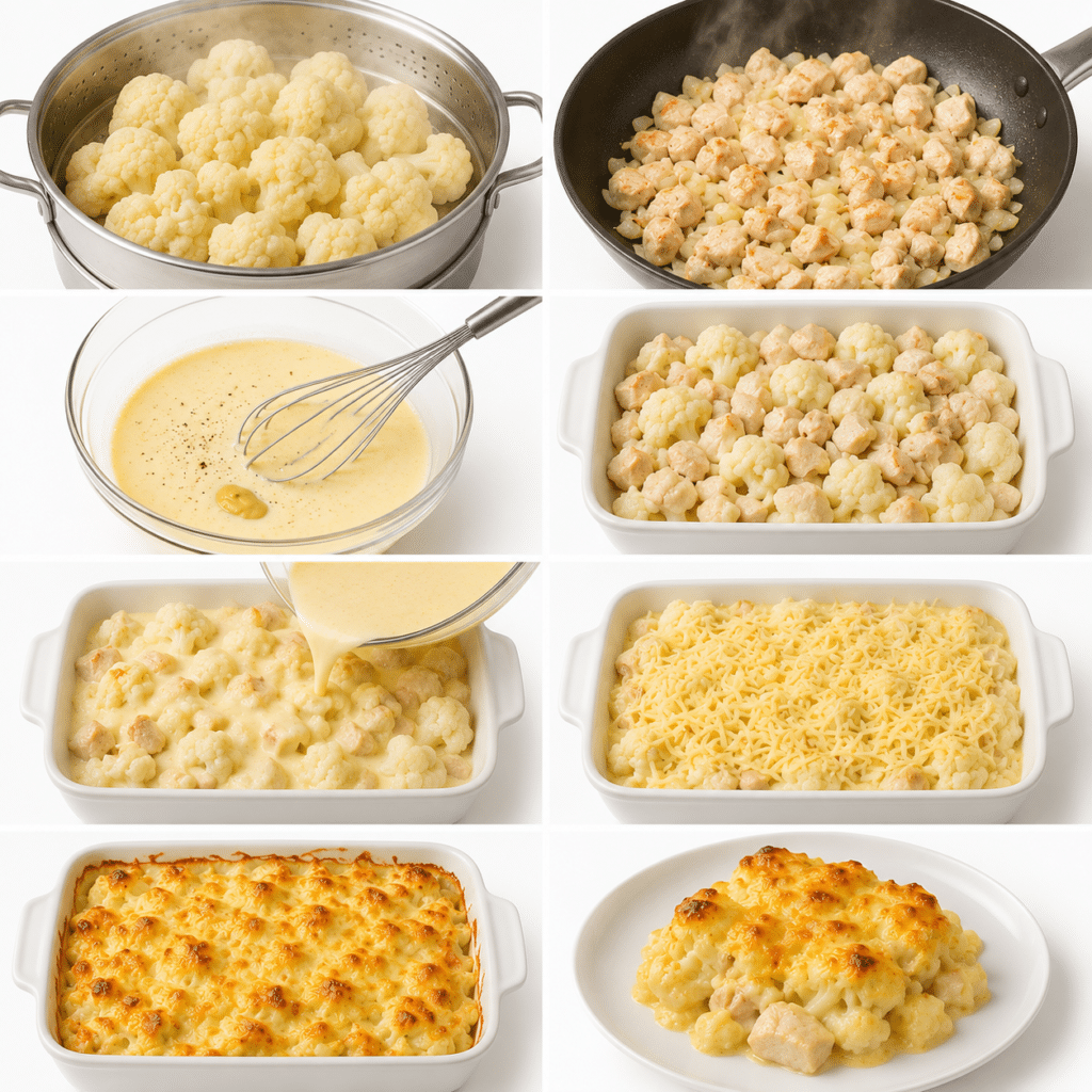 Gratin léger de chou-fleur au poulet : une recette crémeuse, équilibrée et facile 3 GRATIN DE CHOU-FLEUR & POULET — CRÉMEUX, GOURMAND ET RÉCONFORTANT !