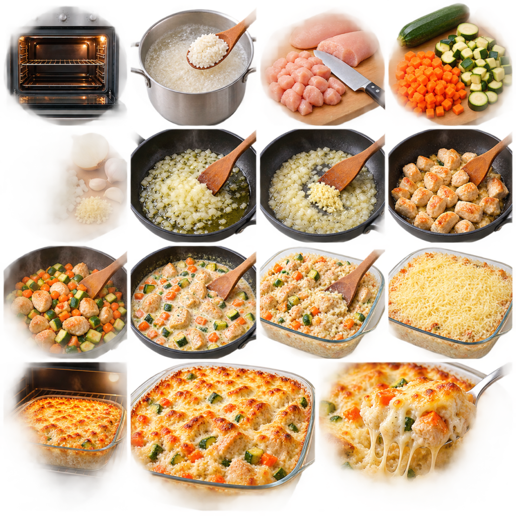 Gratin de riz au poulet et légumes