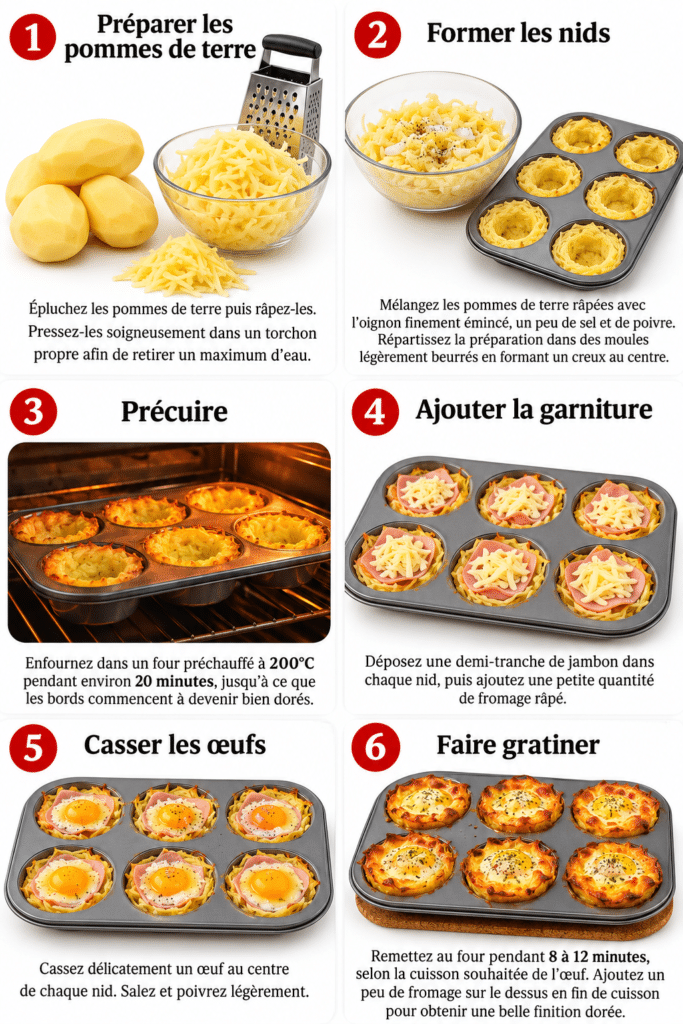 NIDS DE POMMES DE TERRE, ŒUFS, JAMBON & FROMAGE
