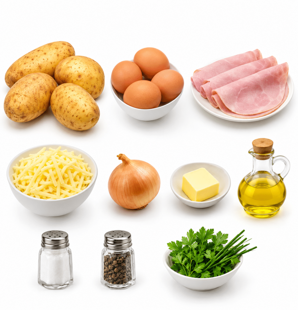 NIDS DE POMMES DE TERRE, ŒUFS, JAMBON & FROMAGE