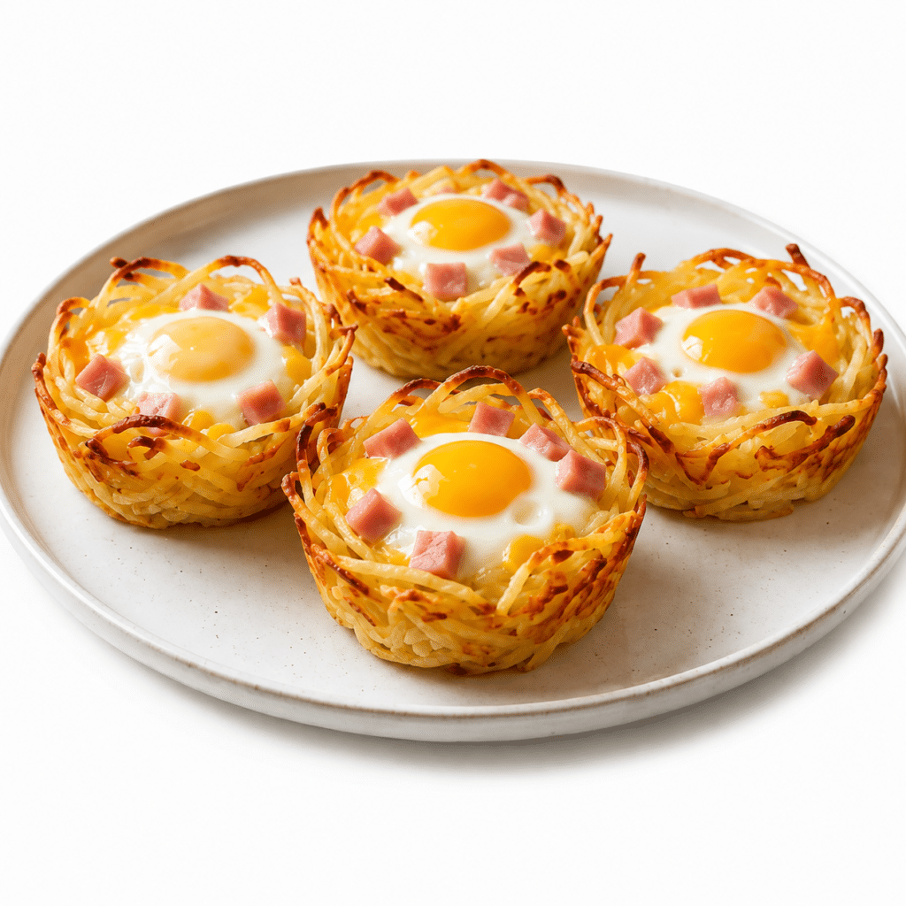 NIDS DE POMMES DE TERRE, ŒUFS, JAMBON & FROMAGE
