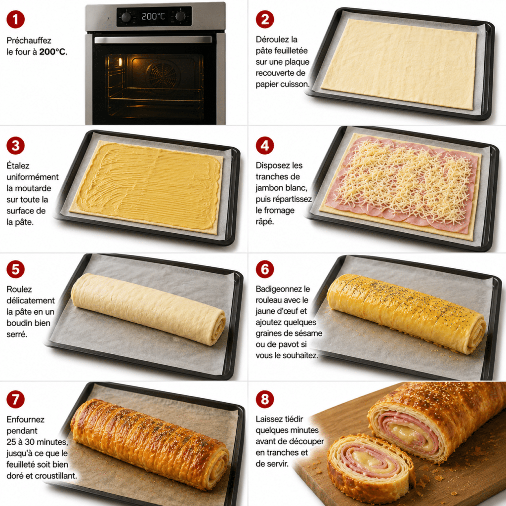 Feuilleté roulé jambon–fromage moutardé