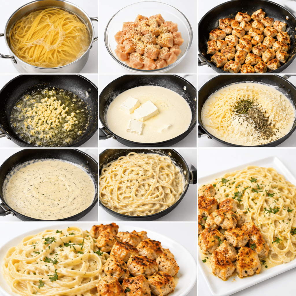 Garlic Butter Chicken Linguine in Four-Cheese Parmesan Sauce