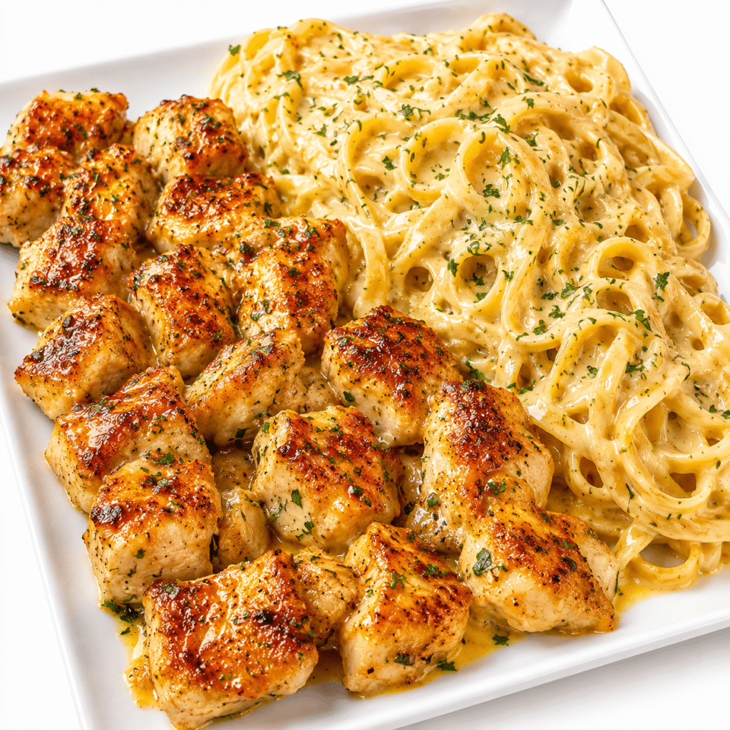 Garlic Butter Chicken Linguine in Four-Cheese Parmesan Sauce