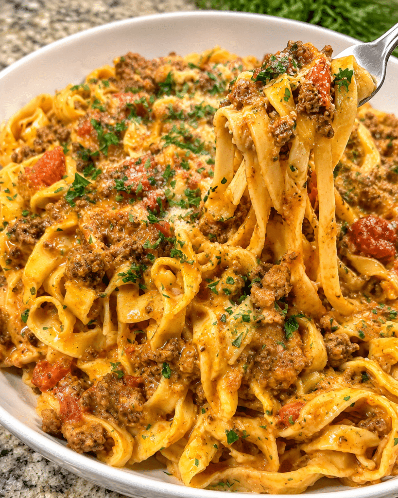 One-Pot Garlic Butter Ground Beef Fettuccine in Parmesan Cream