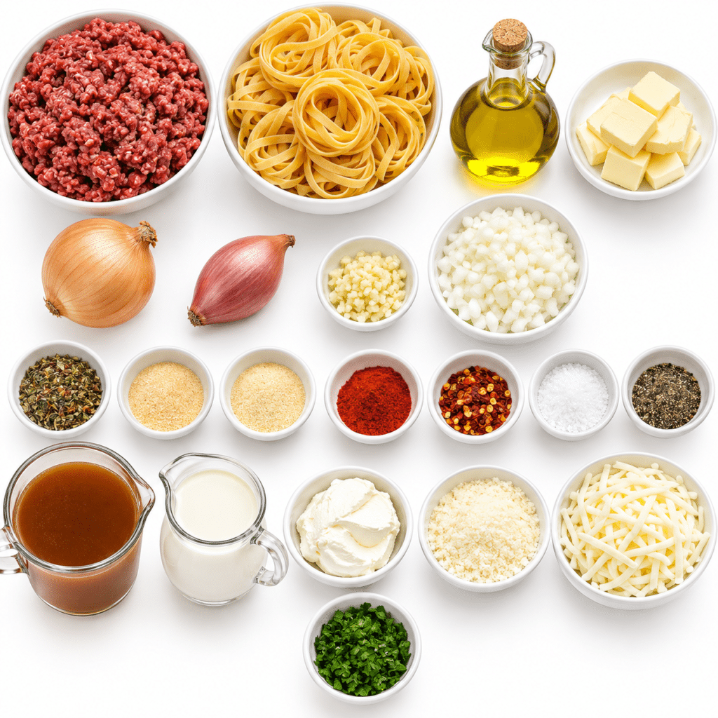 One-Pot Garlic Butter Ground Beef Fettuccine in Parmesan Cream