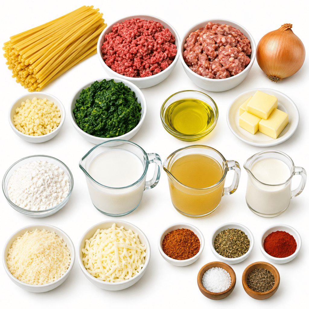 Creamy Three-Cheese Linguine with Beef, Italian Sausage and Spinach