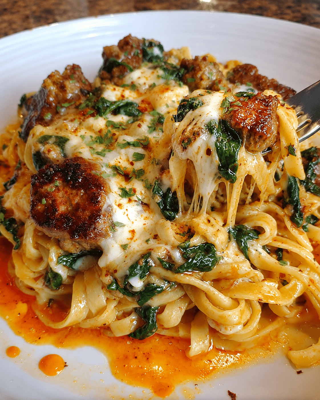 Creamy Three-Cheese Linguine with Beef, Italian Sausage and Spinach