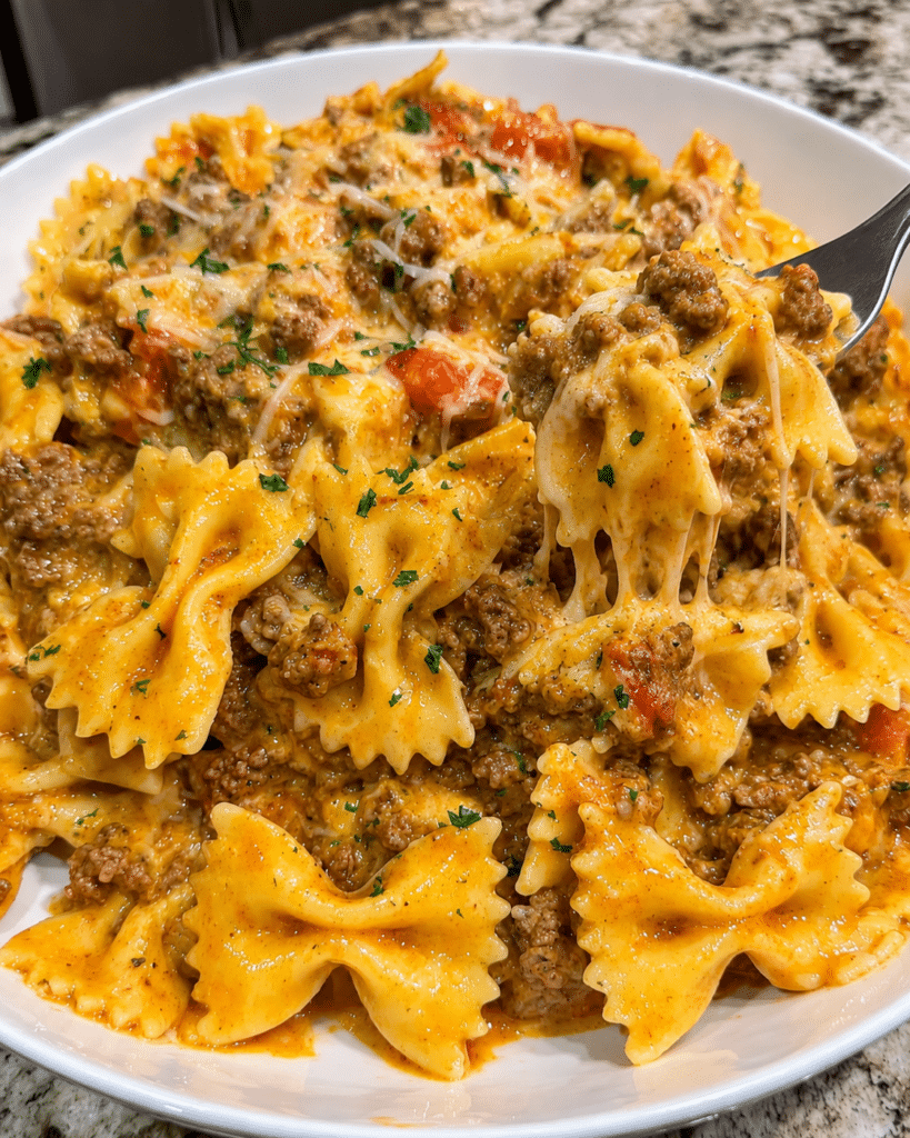 Home 12 Cheesy Ground Beef Bolognese Bowties in Three-Cheese Cream