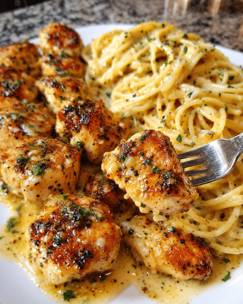 Garlic Butter Chicken Bites with Parmesan Spaghetti