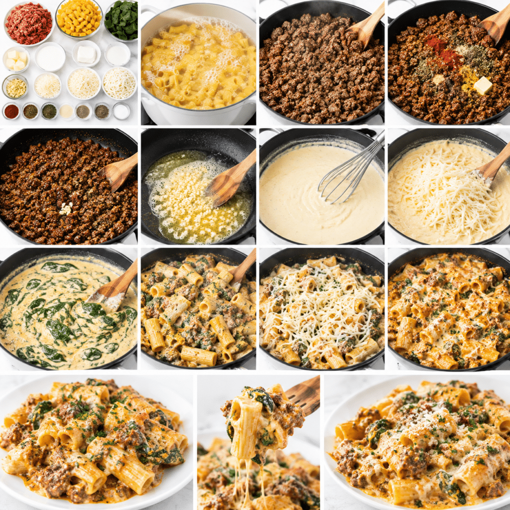 Cheesy Garlic Beef Rigatoni with Spinach and Mozzarella