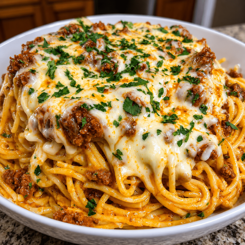 Cheesy Garlic Beef Spaghetti with Velveeta