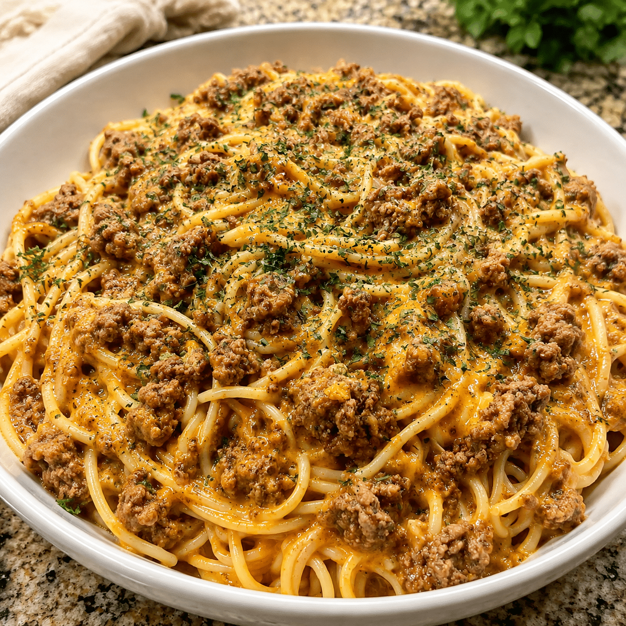 Cheesy Garlic Beef Spaghetti with Velveeta