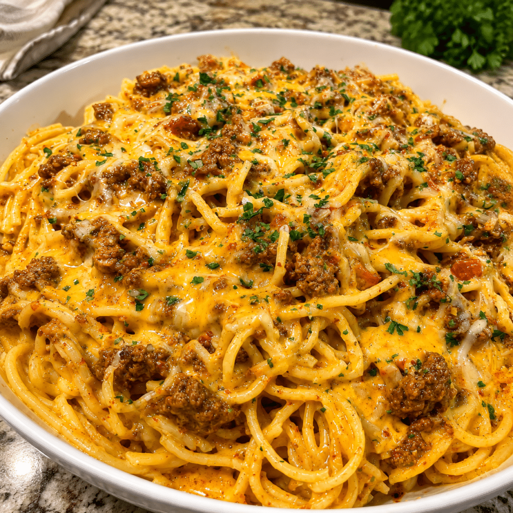 Home 6 Cajun Beef Spaghetti with Garlic Cheddar Cream Sauce