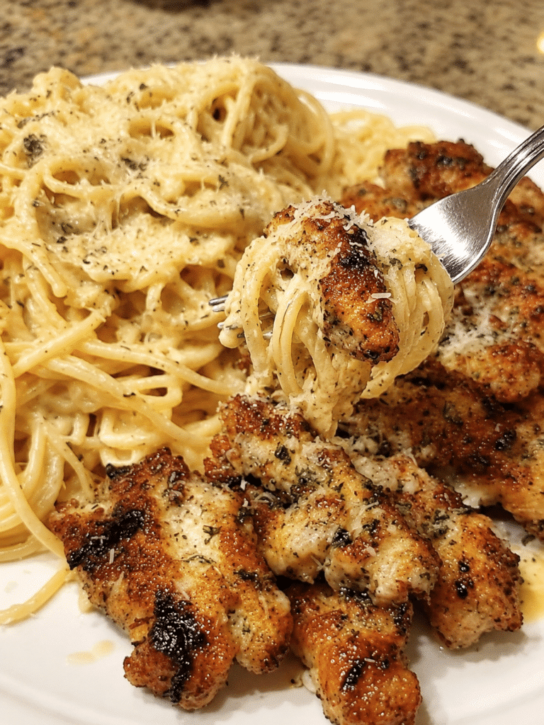 Home 11 Garlic Parmesan Chicken with Creamy Four-Cheese Spaghetti