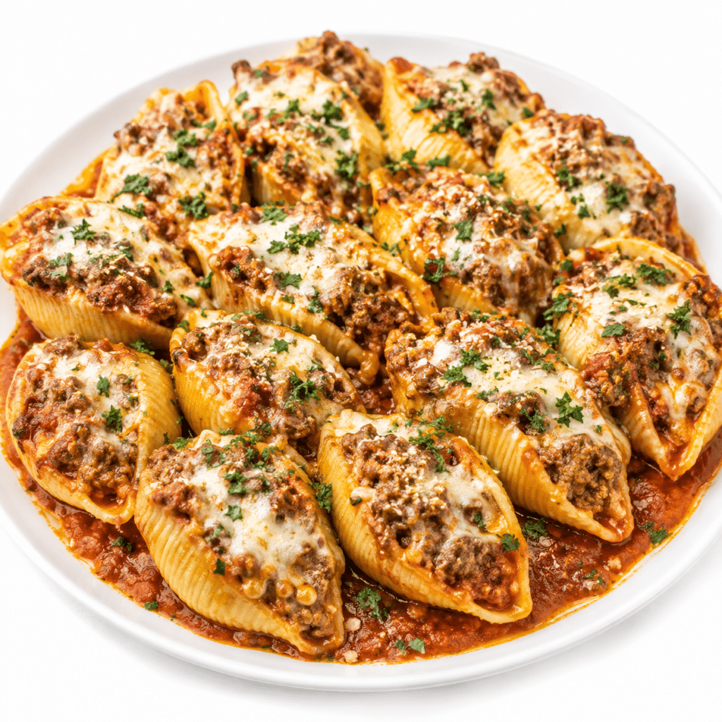Home 12 Three-Cheese Beef Stuffed Jumbo Shells