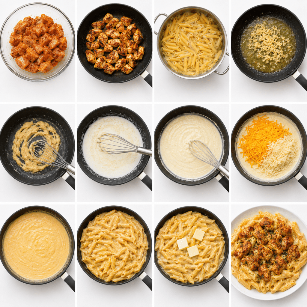 Cheddar Parmesan Garlic Butter Chicken with Creamy Penne Pasta