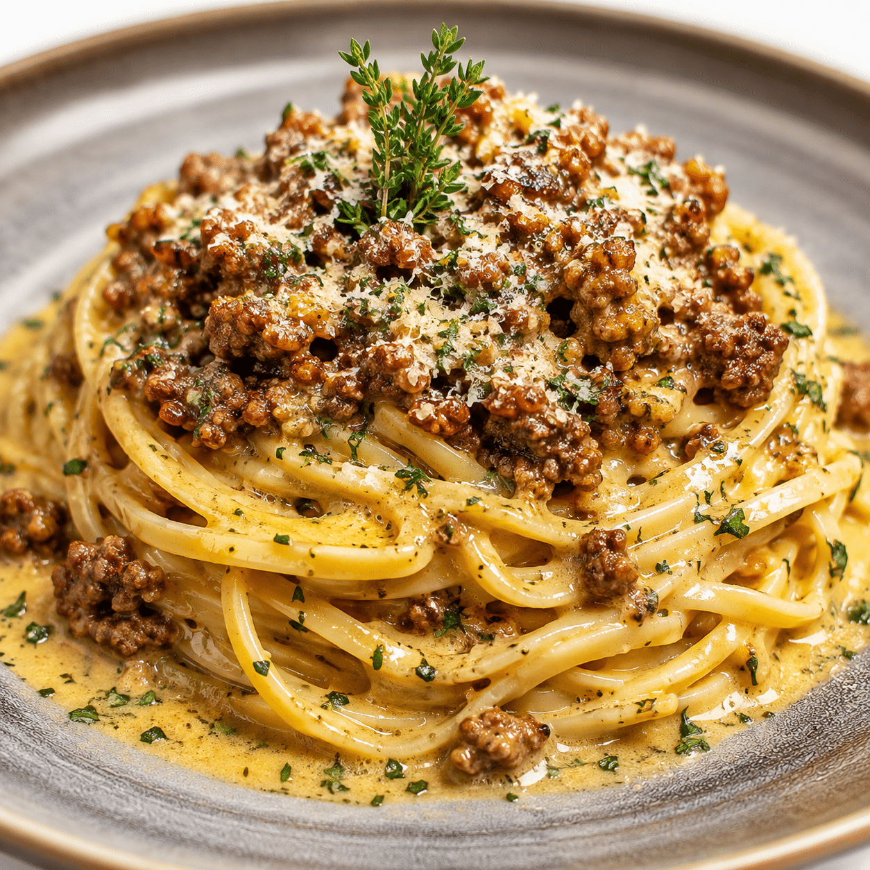 Creamy Parmesan Beef Linguine with Garlic Butter Sauce