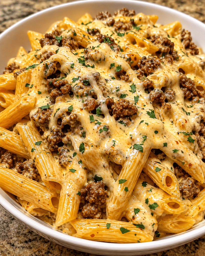 Garlic Butter Beef Penne in Three-Cheese Parmesan Cream