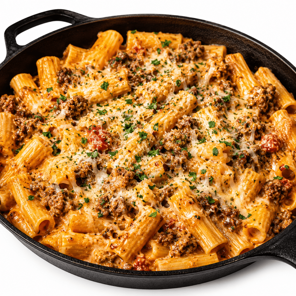 Cheesy Garlic Butter Beef Rigatoni in Three-Cheese Tomato Cream
