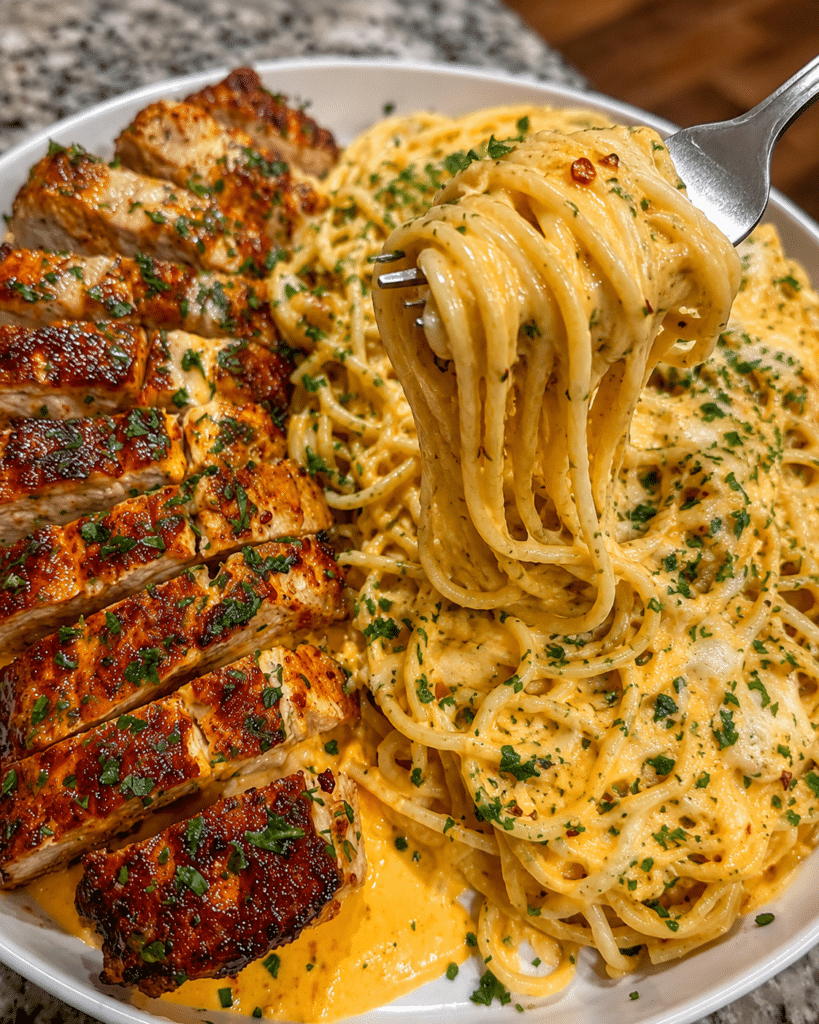 Garlic Butter Cowboy Chicken with Creamy Three-Cheese Spaghetti