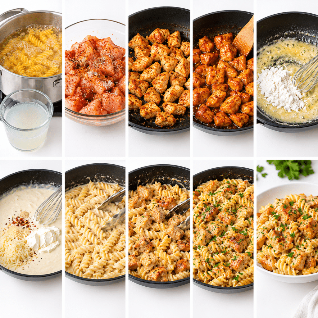 Honey Garlic Chicken Rotini in Creamy Parmesan Alfredo Sauce