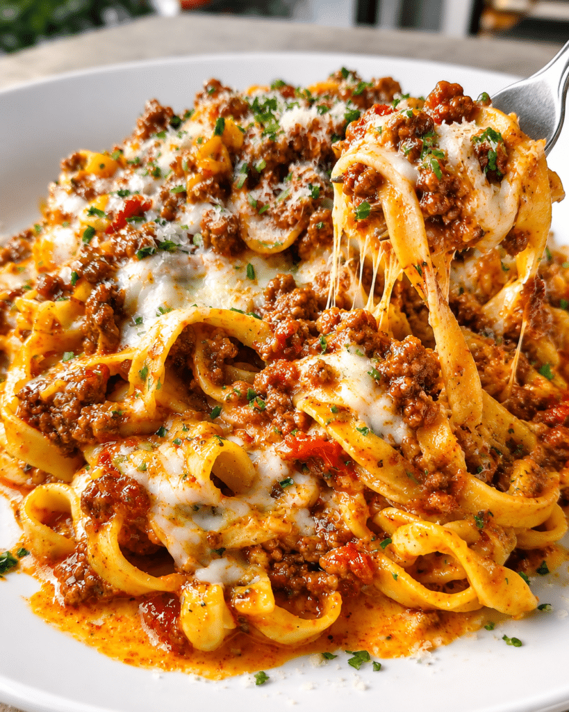 Home 14 Garlic Butter Beef Fettuccine in Creamy Mozzarella Bolognese Sauce