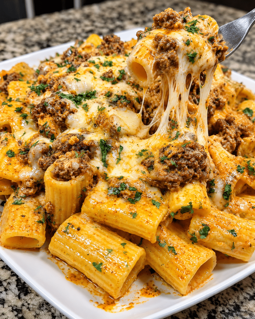 Home 12 Garlic Butter Beef Rigatoni in Four-Cheese Provolone Cream