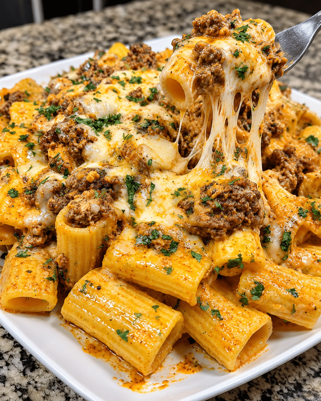 Garlic Butter Beef Rigatoni in Four-Cheese Provolone Cream