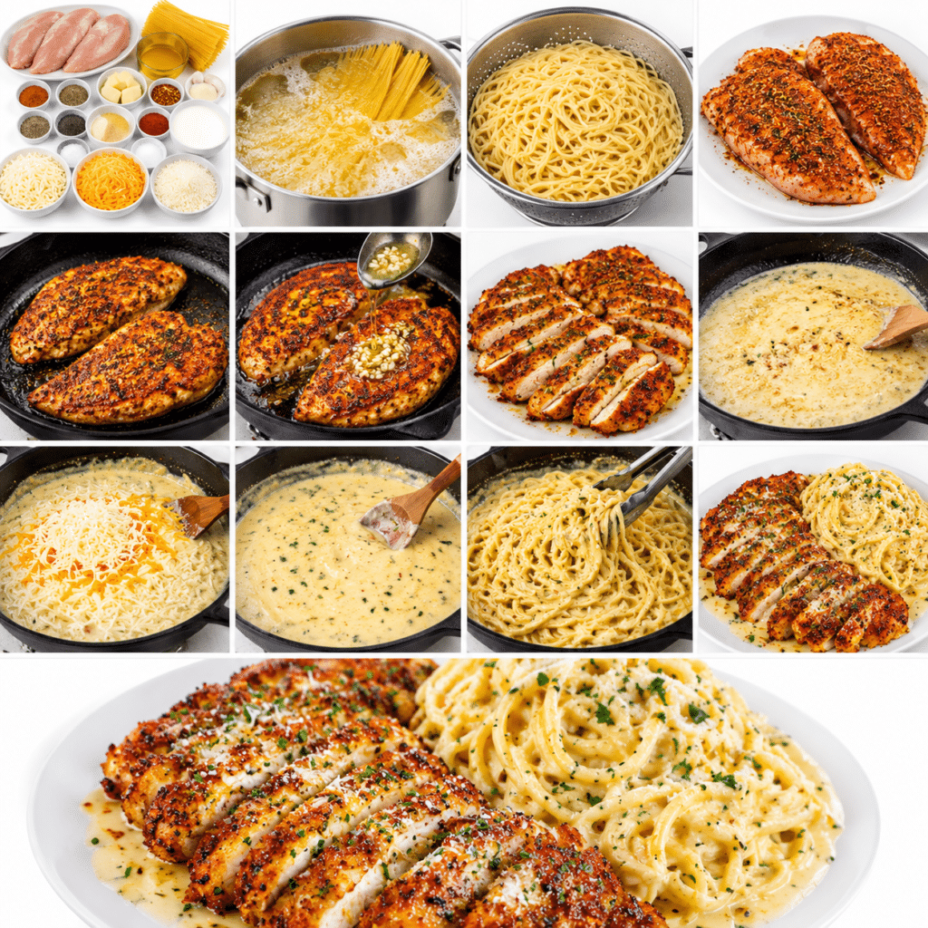 Garlic Butter Cajun Chicken with Cheesy Alfredo Spaghetti