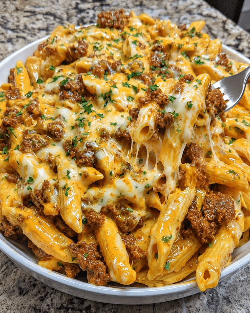 Garlic Butter Beef Penne in Creamy Three-Cheese