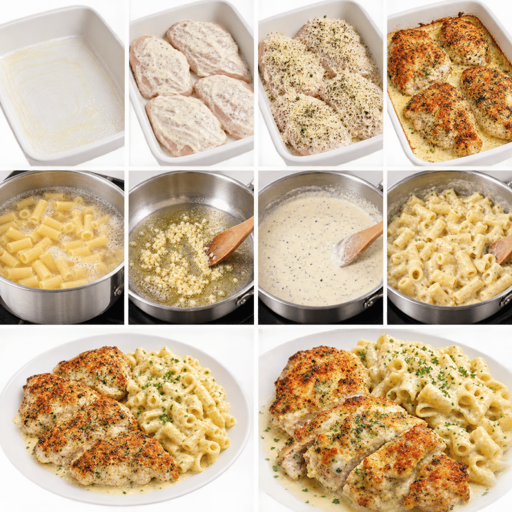 Baked Caesar Chicken with Creamy Parmesan Pasta