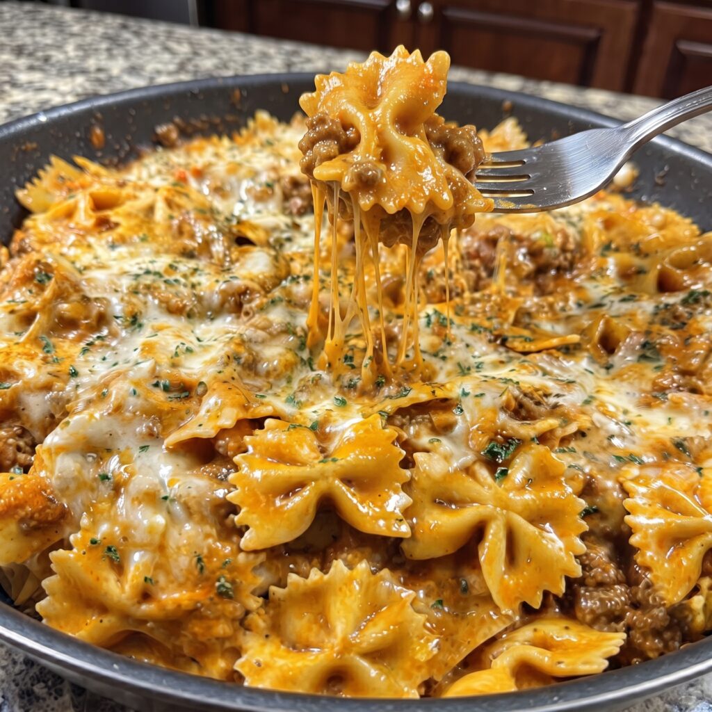Cheesy Italian Beef Bowties in Creamy Velveeta Marinara