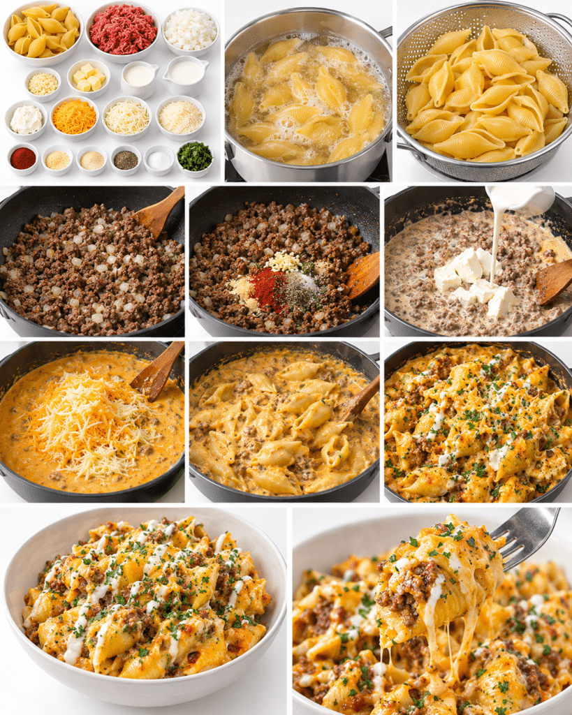 Creamy Ground Beef Shells with Cheddar Provolone