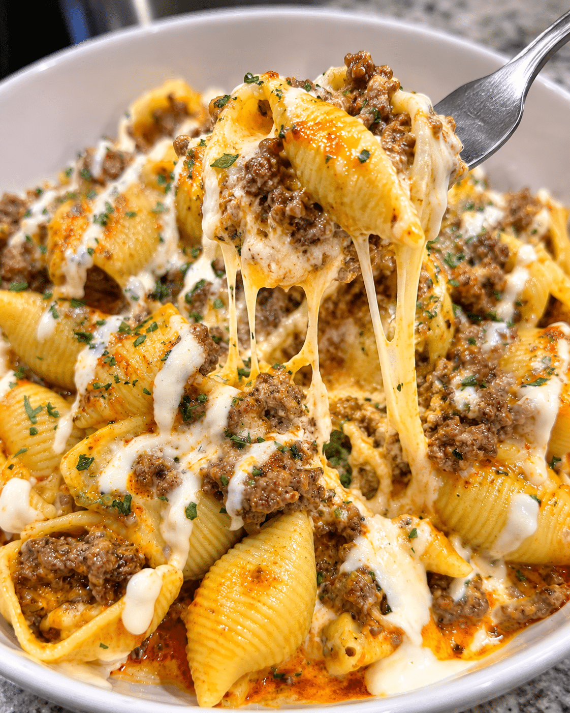 Creamy Ground Beef Shells with Cheddar Provolone