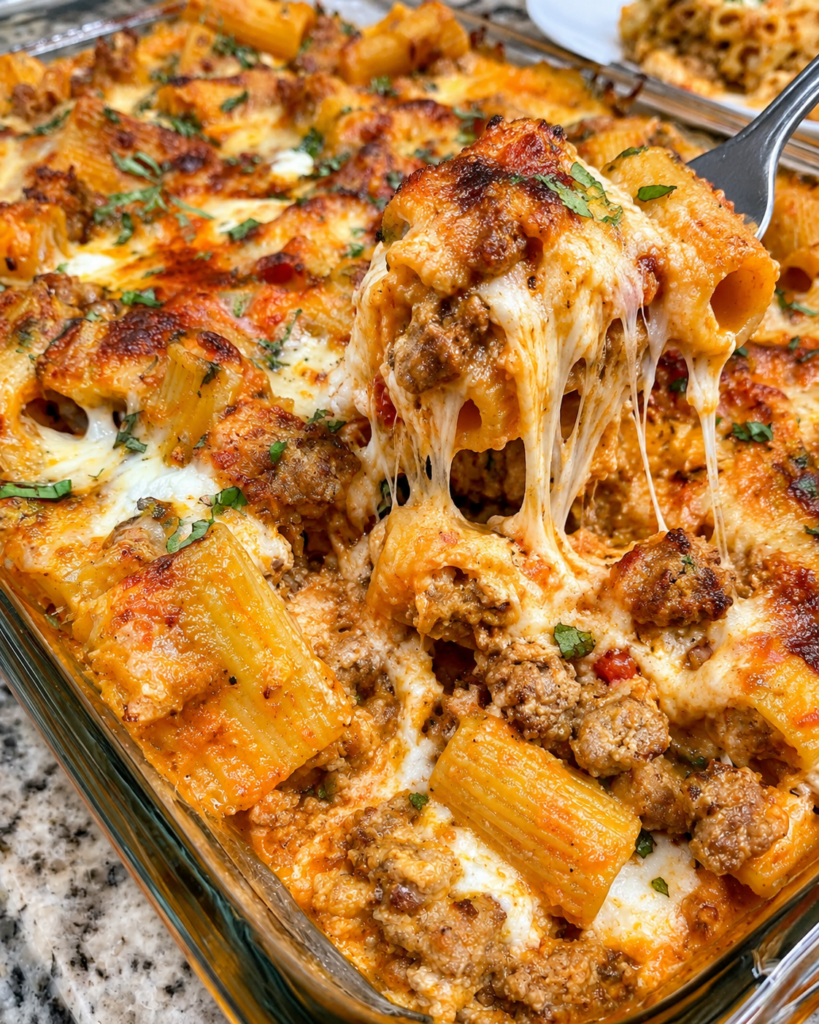 Home 4 Baked Italian Sausage Rigatoni with Creamy Ricotta Mozzarella Sauce