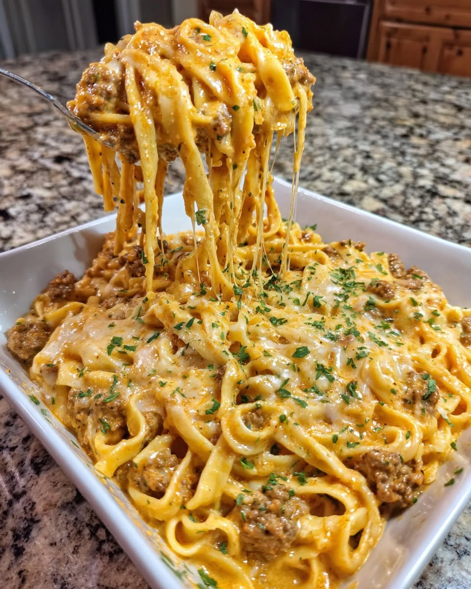 Creamy Beef Fettuccine with Garlic Cheddar Cheese Sauce