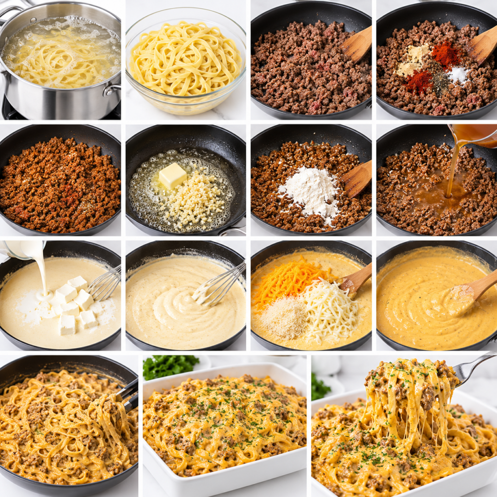 Creamy Beef Fettuccine with Garlic Cheddar Cheese Sauce