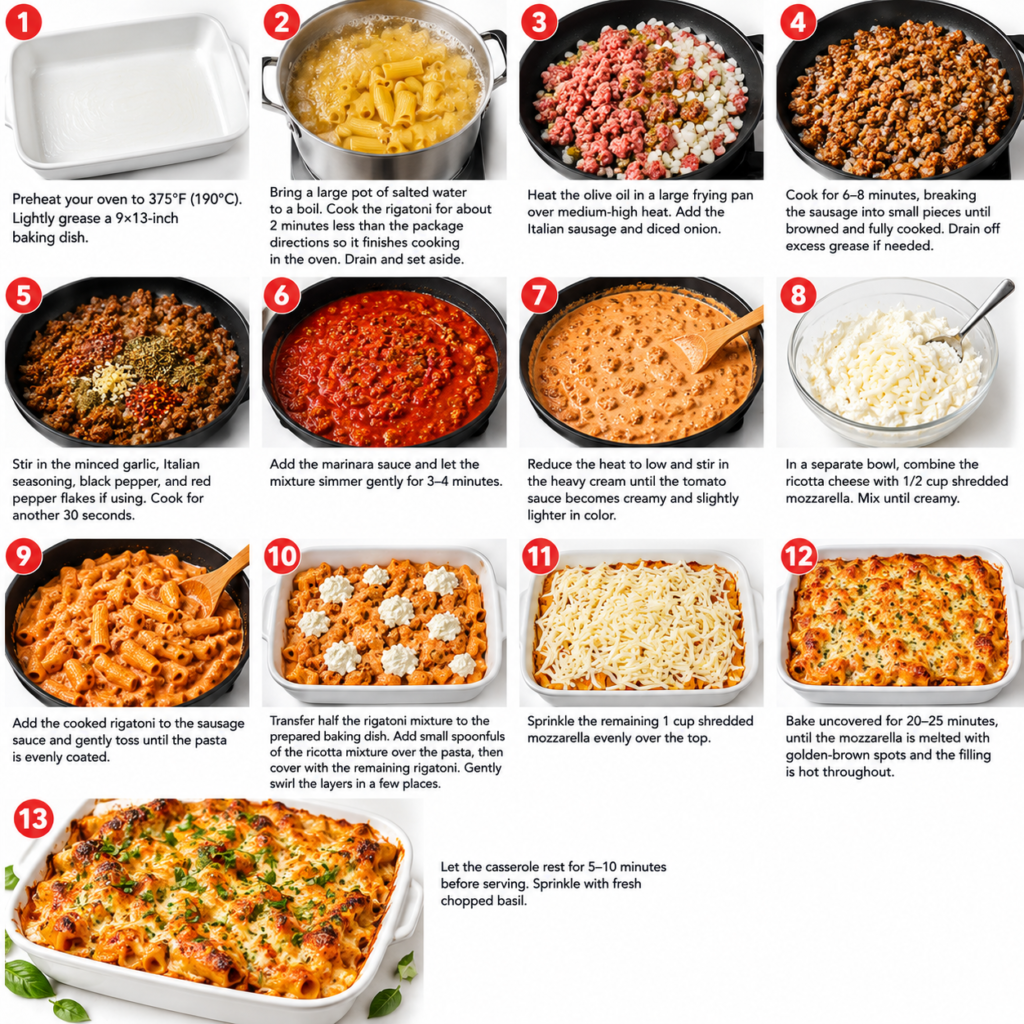Baked Italian Sausage Rigatoni with Creamy Ricotta Mozzarella Sauce