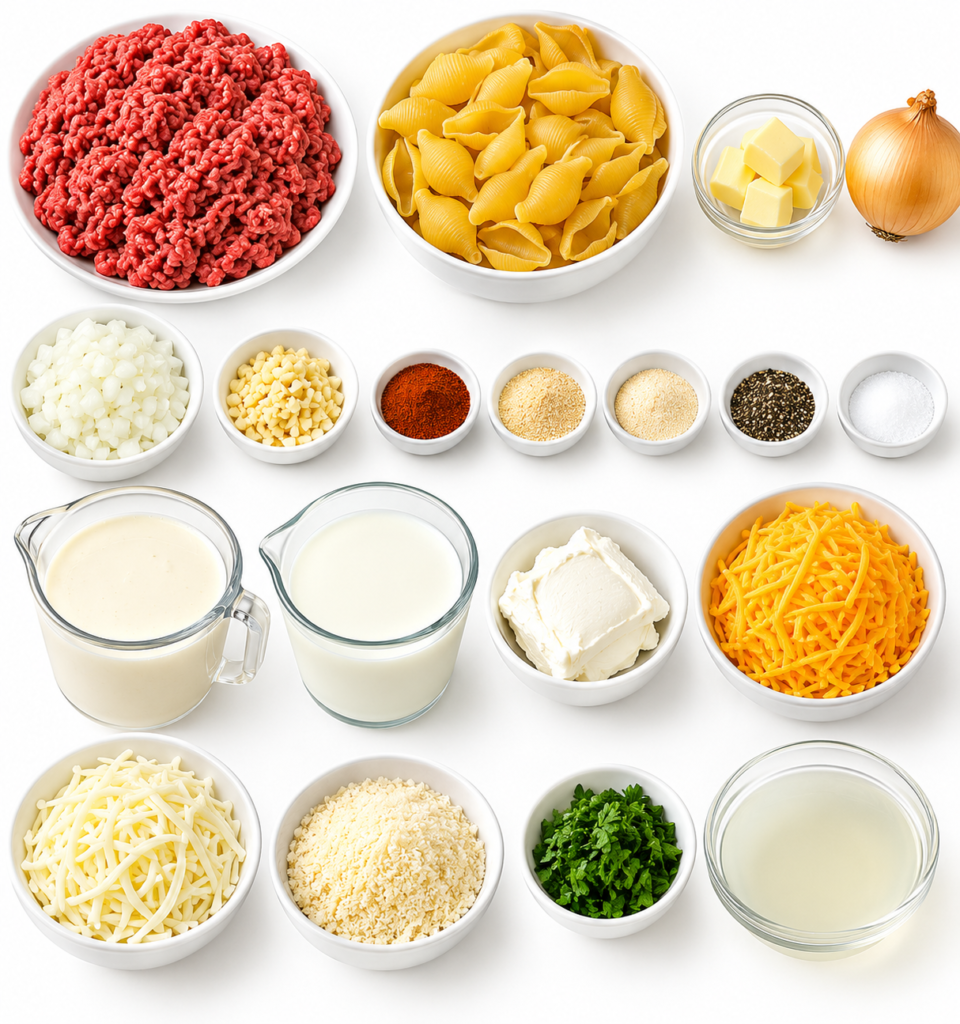 Creamy Ground Beef Shells with Cheddar Provolone