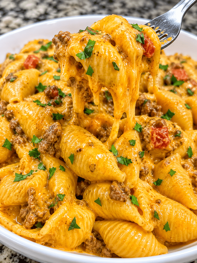 Crockpot Beef and Velveeta Queso Pasta