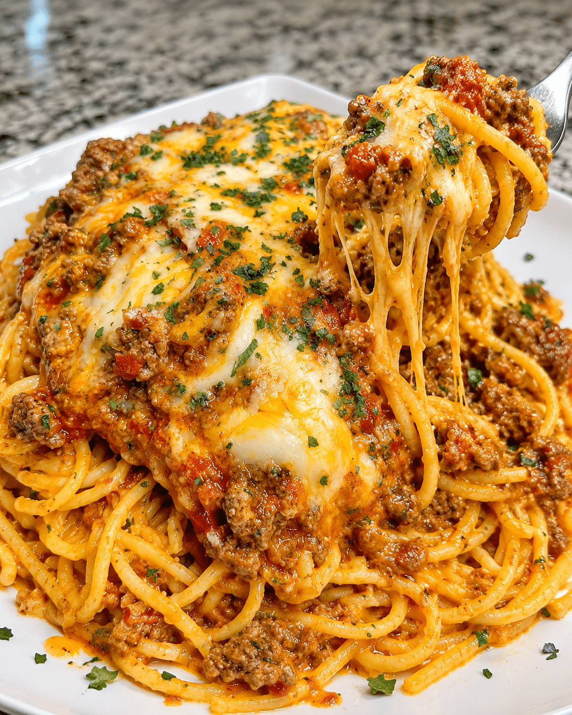 Beef Marinara Spaghetti with Velveeta and Melted Mozzarella 5 Beef Marinara Spaghetti with Velveeta and Melted Mozzarella
